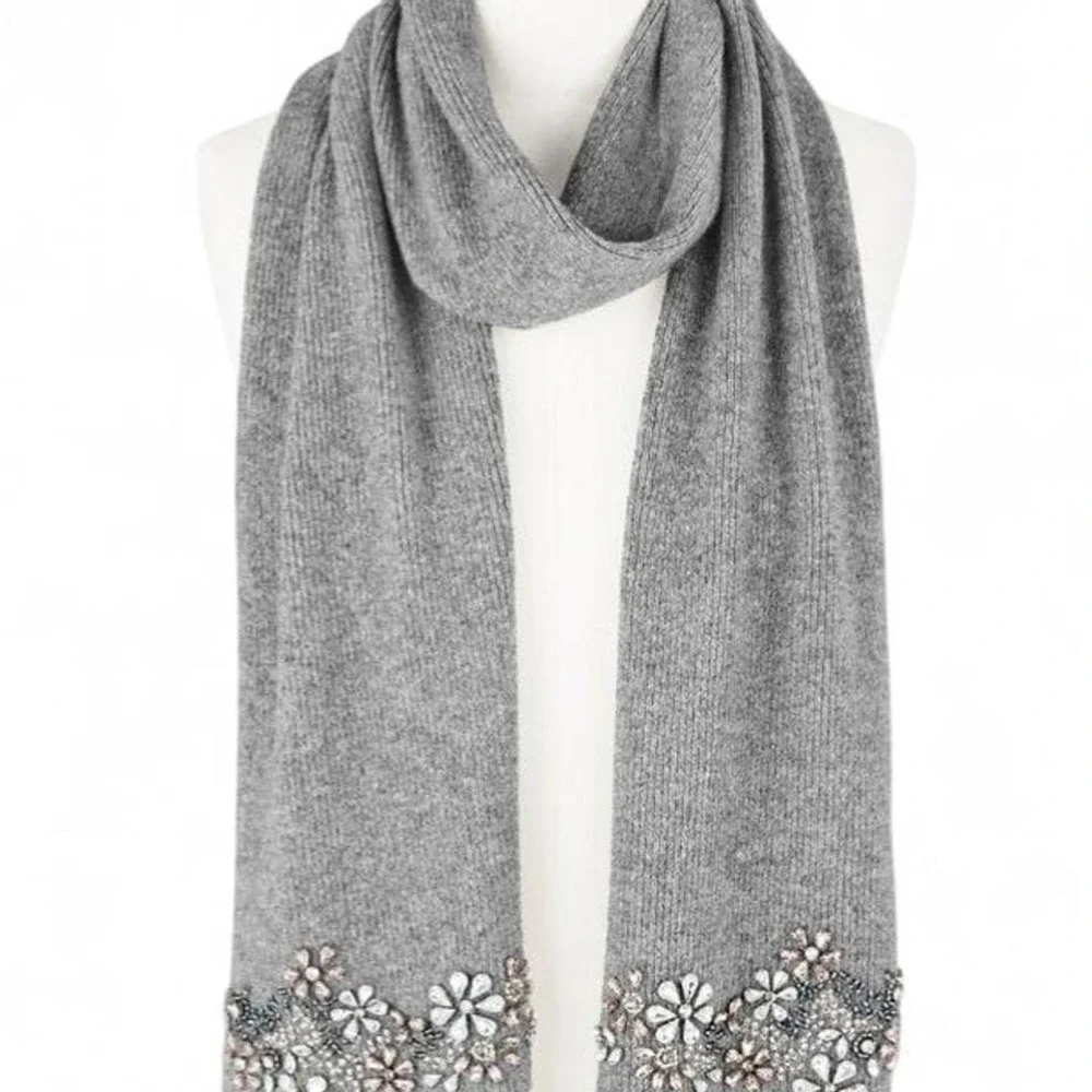 NWT Talbots Embellished‎ Beaded Rhinestone Floral Scarf gray soft feminine knit